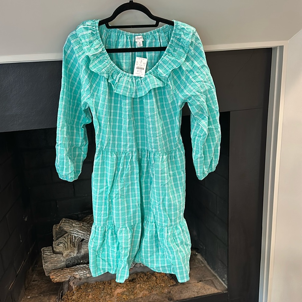 J. Crew Factory Teal seersucker check long sleeve tiered dress NWT Size 10
